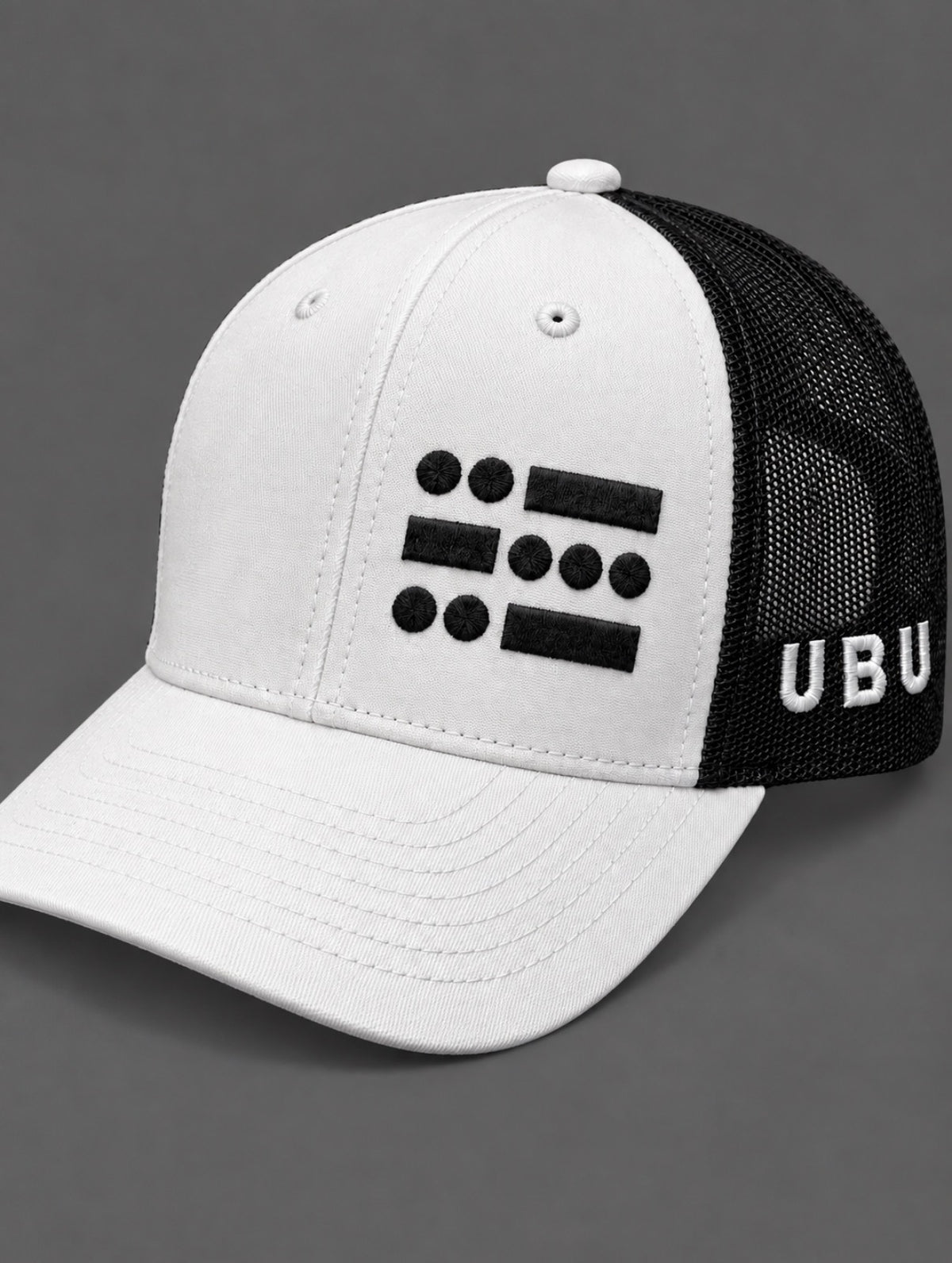 U B U Trucker Style Hat- White, Black mesh
