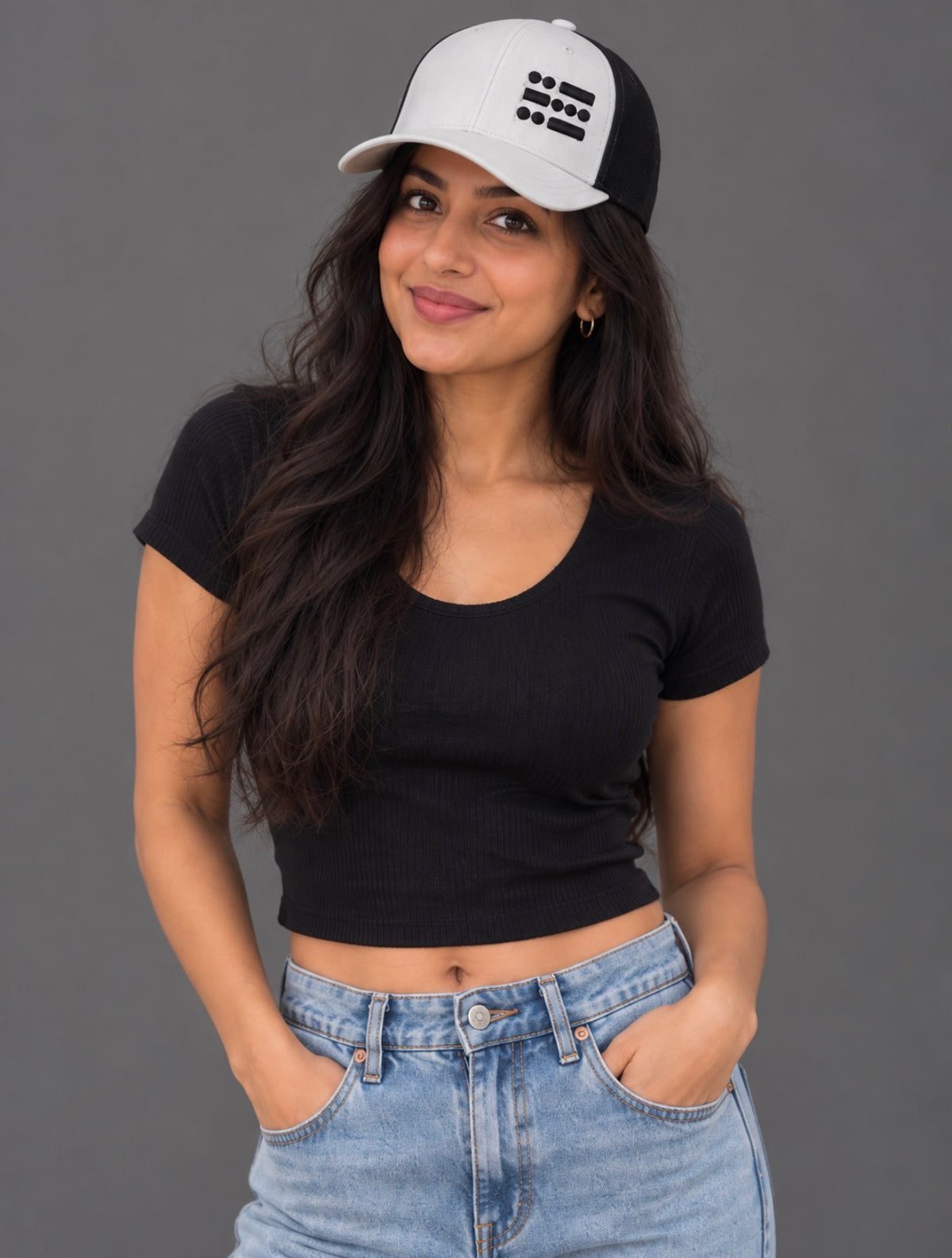 U B U Trucker Style Hat- White, Black mesh